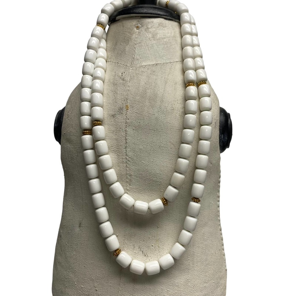 Vintage acrylic white beaded necklace 36” goldtone accents